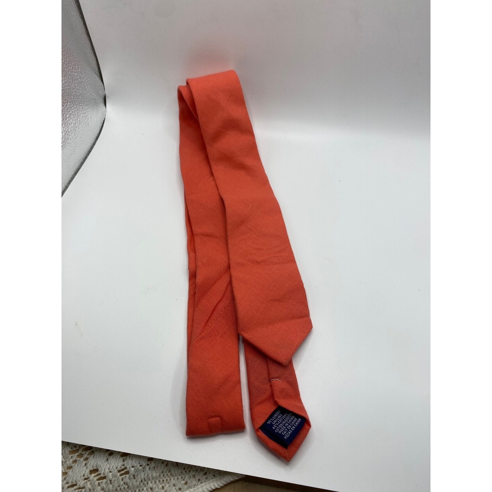 Original Penguin Mens Coral Orange Linen Cotton Blend Slim Necktie Solid Texture